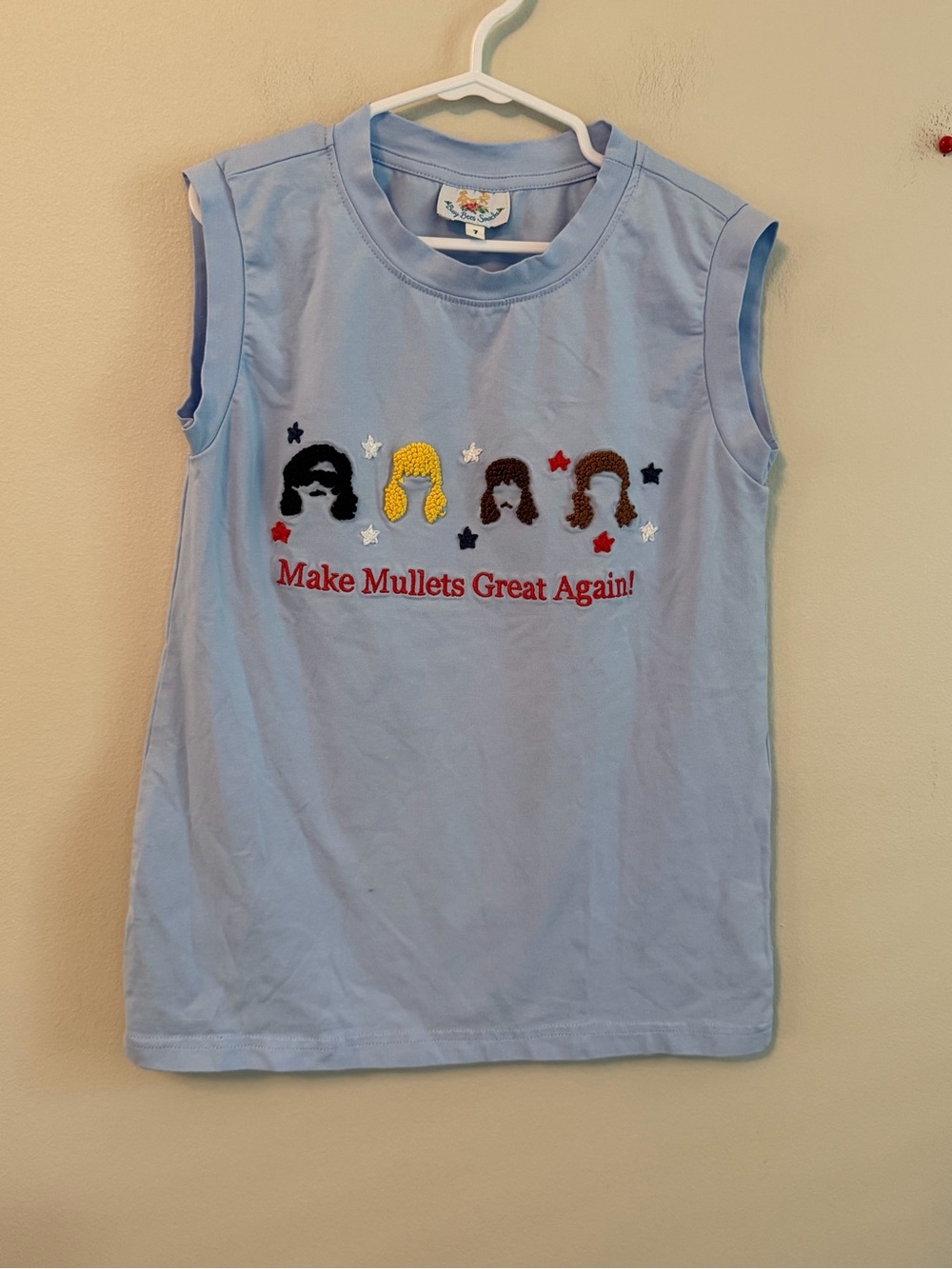 Busy Bee Smocks Light Blue Sleeveless Graphic Tee - Make Mullets Great Again